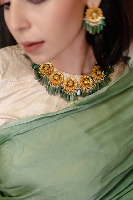 Buy_Hyperbole_Gold Plated Stone Drop Floral Necklace _Online_at_Aza_Fashions