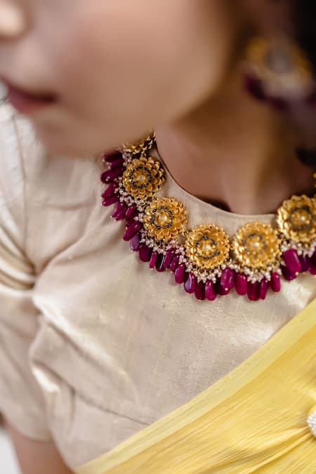 Hyperbole_Gold Plated Stone Drop Floral Necklace _Online_at_Aza_Fashions