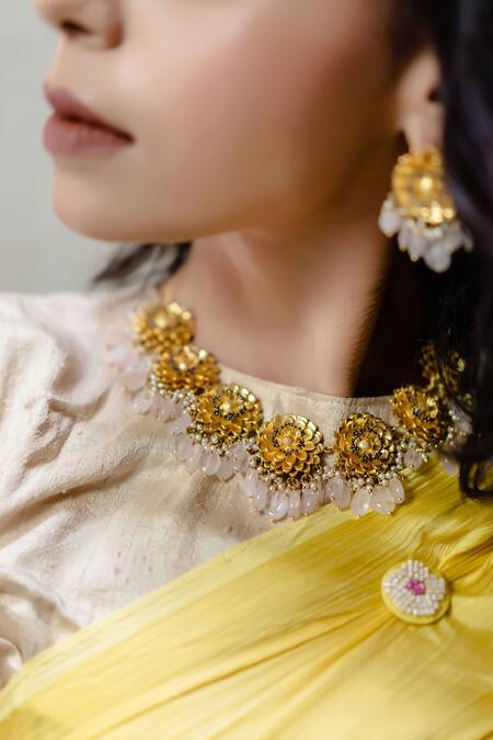 Hyperbole_Gold Plated Stone Drop Floral Necklace _Online_at_Aza_Fashions