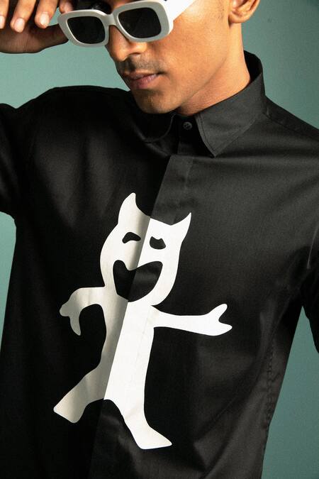 Sahil Aneja_Black Cotton Screen Print Happy Devil Shirt_Online_at_Aza_Fashions