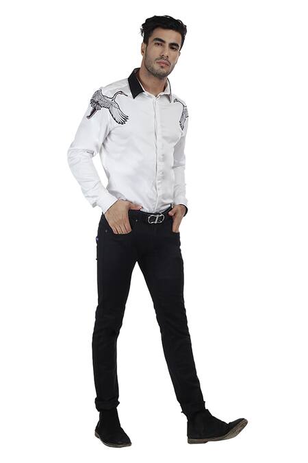 Abkasa_White Cotton Slim-fit Patchwork Shirt _Online_at_Aza_Fashions