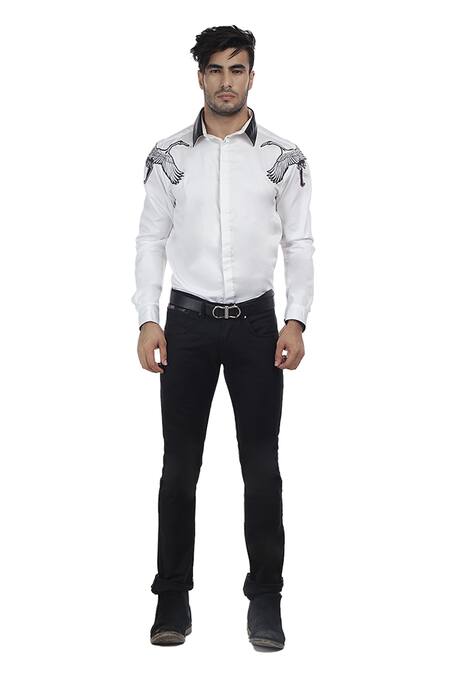 Buy_Abkasa_White Cotton Slim-fit Patchwork Shirt _Online_at_Aza_Fashions