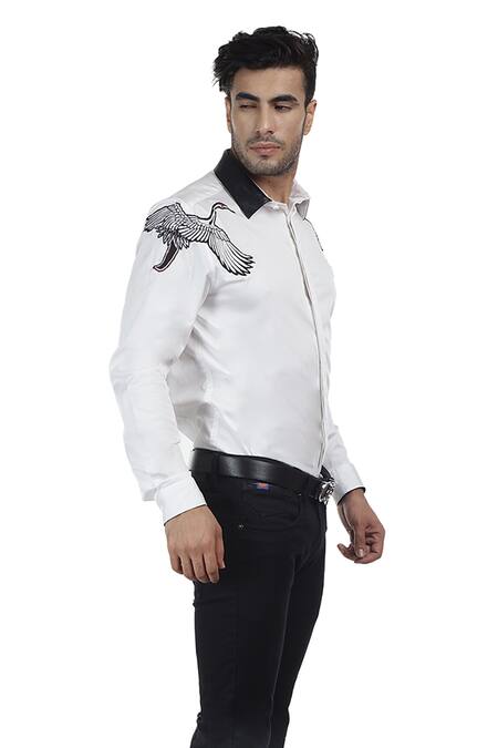 Abkasa_White Cotton Slim-fit Patchwork Shirt _at_Aza_Fashions