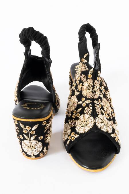 Shiveen Shiveen Black Embroidered Floral Block Heels Online at Aza Fashions Shiveen Shiveen_Black Embroidered Floral Block Heels _Online_at_Aza_Fashions