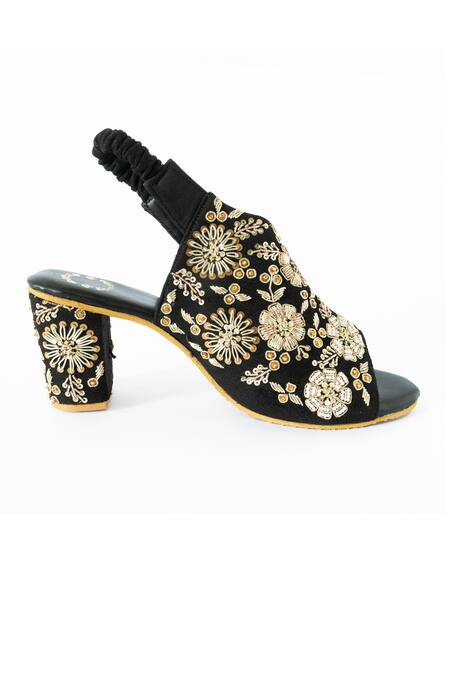 Buy Shiveen Shiveen Black Embroidered Floral Block Heels Online at Aza Fashions Buy_Shiveen Shiveen_Black Embroidered Floral Block Heels _Online_at_Aza_Fashions