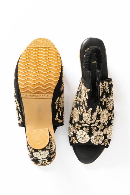 Shop Shiveen Shiveen Black Embroidered Floral Block Heels Online at Aza Fashions Shop_Shiveen Shiveen_Black Embroidered Floral Block Heels _Online_at_Aza_Fashions