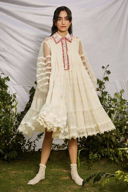 Interpret White Cotton Voile Embroidered Dress