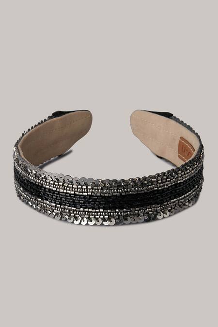 Shop House Of D"Oro Silver Cutdana Hand Embroidered Hairband at Aza Fashions Shop_House Of D"Oro_Silver Cutdana Hand Embroidered Hairband _at_Aza_Fashions