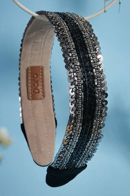 Buy House Of D"Oro Silver Cutdana Hand Embroidered Hairband Online at Aza Fashions Buy_House Of D"Oro_Silver Cutdana Hand Embroidered Hairband _Online_at_Aza_Fashions