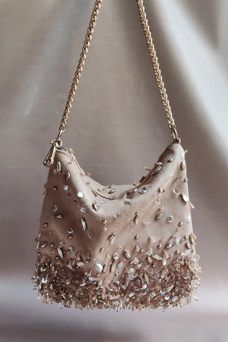 Shop Plode Gold Beads, Crystals, Sequins Hobo Embroidered Bag at Aza Fashions Shop_Plode_Gold Beads, Crystals, Sequins Hobo Embroidered Bag _at_Aza_Fashions