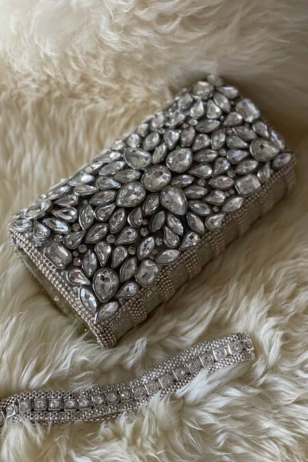 Bhavna Kumar_Silver Embroidered Kundan Flap Clutch_Online_at_Aza_Fashions