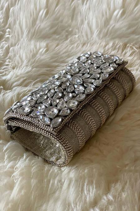 Buy_Bhavna Kumar_Silver Embroidered Kundan Flap Clutch_Online_at_Aza_Fashions