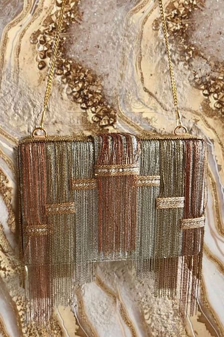 Shop_Bhavna Kumar_Multi Color Embroidery Tassel Box Clutch With Sling _at_Aza_Fashions
