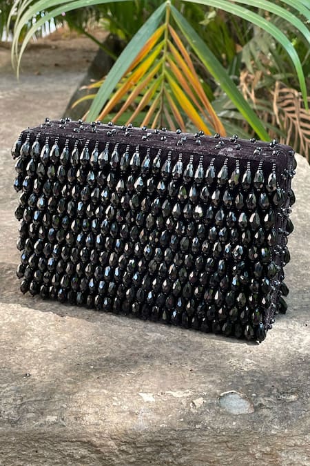 Bhavna Kumar Black Embroidery Crystal Box Clutch With Sling 