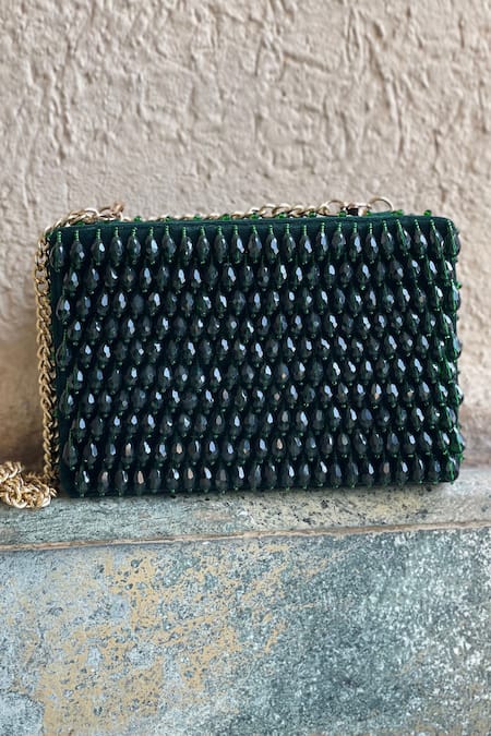 Shop Bhavna Kumar Green Embroidered Crystal Box Clutch With Sling at Aza Fashions Shop_Bhavna Kumar_Green Embroidered Crystal Box Clutch With Sling _at_Aza_Fashions