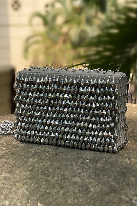 Bhavna Kumar Silver Embroidered Crystal Box Clutch With Sling 