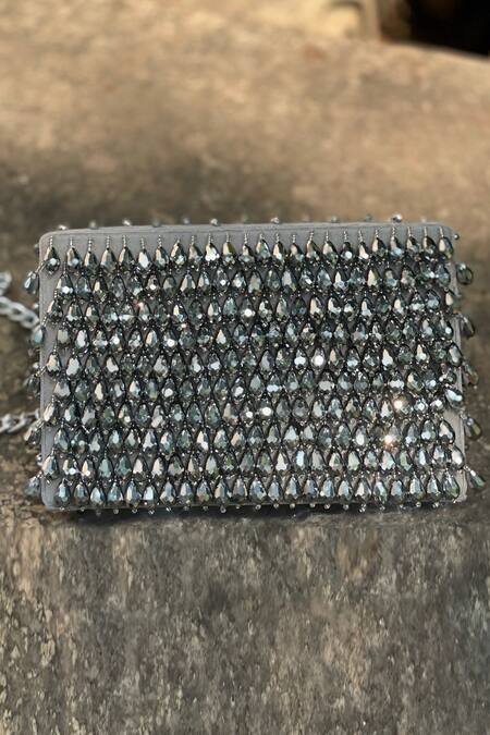 Shop_Bhavna Kumar_Silver Embroidered Crystal Box Clutch With Sling _at_Aza_Fashions