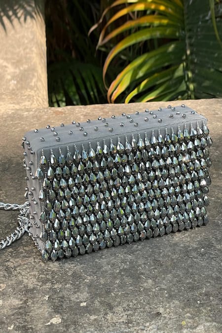 Bhavna Kumar Silver Embroidered Crystal Box Clutch With Sling Online at Aza Fashions Bhavna Kumar_Silver Embroidered Crystal Box Clutch With Sling _Online_at_Aza_Fashions