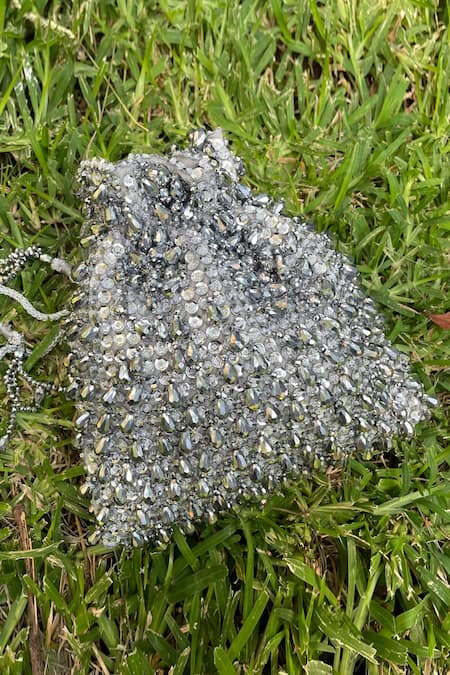 Shop Bhavna Kumar Silver Embroidered Velvet Potli Bag at Aza Fashions Shop_Bhavna Kumar_Silver Embroidered Velvet Potli Bag _at_Aza_Fashions