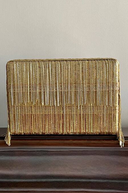 Shop Bhavna Kumar Gold Embroidered Fringe Box Clutch at Aza Fashions Shop_Bhavna Kumar_Gold Embroidered Fringe Box Clutch_at_Aza_Fashions