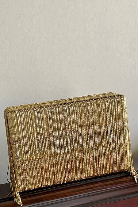 Shop Bhavna Kumar Gold Embroidered Fringe Box Clutch Online at Aza Fashions Shop_Bhavna Kumar_Gold Embroidered Fringe Box Clutch_Online_at_Aza_Fashions