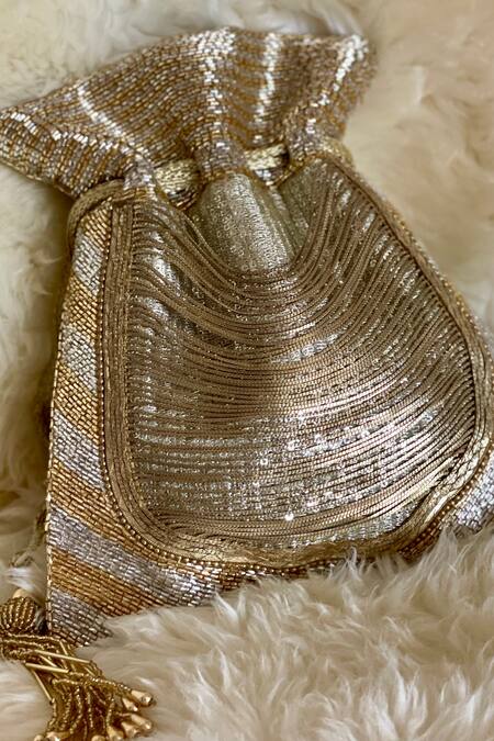 Shop_Bhavna Kumar_Gold Cutdana Faux Silk Potli Bag _at_Aza_Fashions