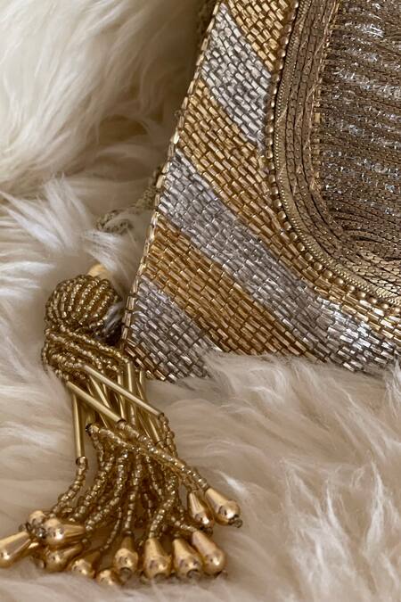 Bhavna Kumar_Gold Cutdana Faux Silk Potli Bag _Online_at_Aza_Fashions