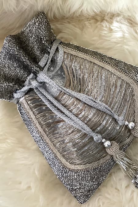 Shop Bhavna Kumar Silver Cutdana Faux Silk Potli Bag at Aza Fashions Shop_Bhavna Kumar_Silver Cutdana Faux Silk Potli Bag _at_Aza_Fashions