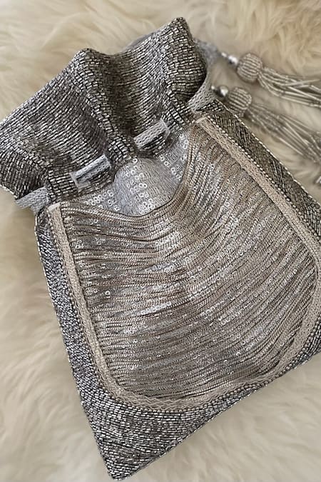 Bhavna Kumar Silver Cutdana Faux Silk Potli Bag Online at Aza Fashions Bhavna Kumar_Silver Cutdana Faux Silk Potli Bag _Online_at_Aza_Fashions