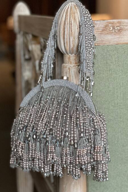 Bhavna Kumar_Grey Beads Velvet Embellished Clutch_Online_at_Aza_Fashions