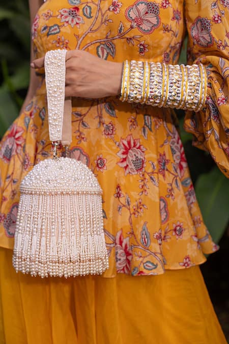 Bhavna Kumar_White Embroidery, Beads Pearl Work Globe Potli Bag _Online_at_Aza_Fashions
