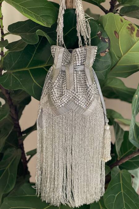 Bhavna Kumar_Silver Beads, Sequins Extended Fringe Potli Bag_Online_at_Aza_Fashions