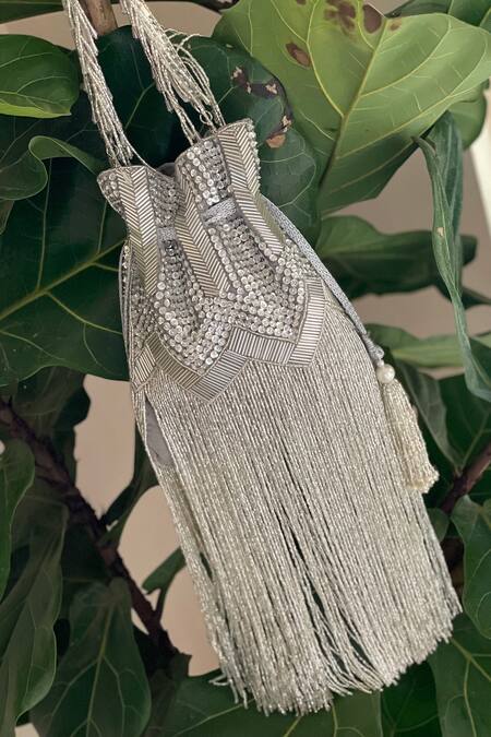 Buy_Bhavna Kumar_Silver Beads, Sequins Extended Fringe Potli Bag_Online_at_Aza_Fashions