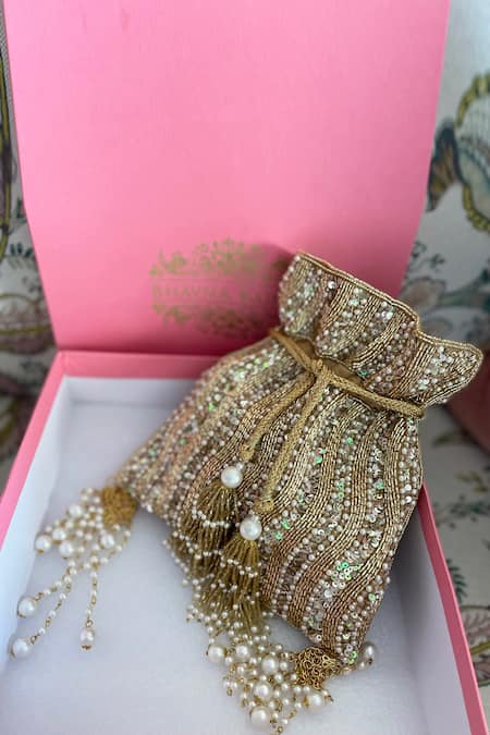 Bhavna Kumar_Gold Embroidered Swirl Bead Work Potli Bag _Online_at_Aza_Fashions