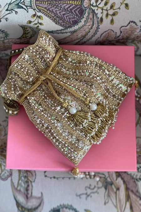 Buy_Bhavna Kumar_Gold Embroidered Swirl Bead Work Potli Bag _Online_at_Aza_Fashions