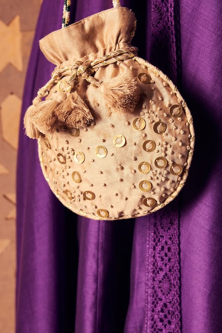 Charkhee Beige Embellishment Chanderi Potli Bag Online at Aza Fashions Charkhee_Beige Embellishment Chanderi Potli Bag _Online_at_Aza_Fashions