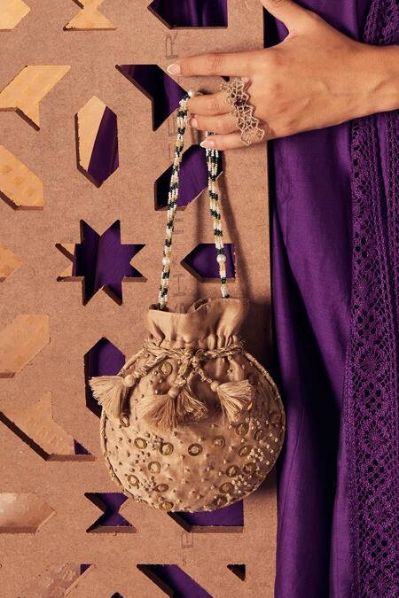 Buy Charkhee Beige Embellishment Chanderi Potli Bag Online at Aza Fashions Buy_Charkhee_Beige Embellishment Chanderi Potli Bag _Online_at_Aza_Fashions