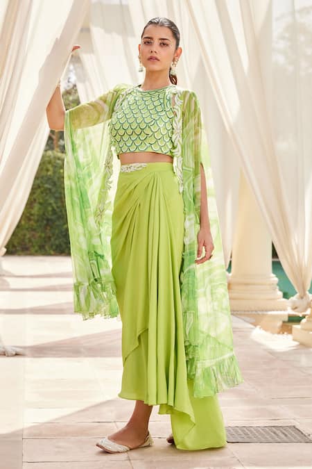 Nikita Vishakha_Green Skirt Crepe Top Raw Silk Cape Tulle Dori, Glass Draped Set With_Online_at_Aza_Fashions