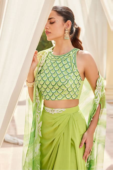 Buy_Nikita Vishakha_Green Skirt Crepe Top Raw Silk Cape Tulle Dori, Glass Draped Set With_Online_at_Aza_Fashions