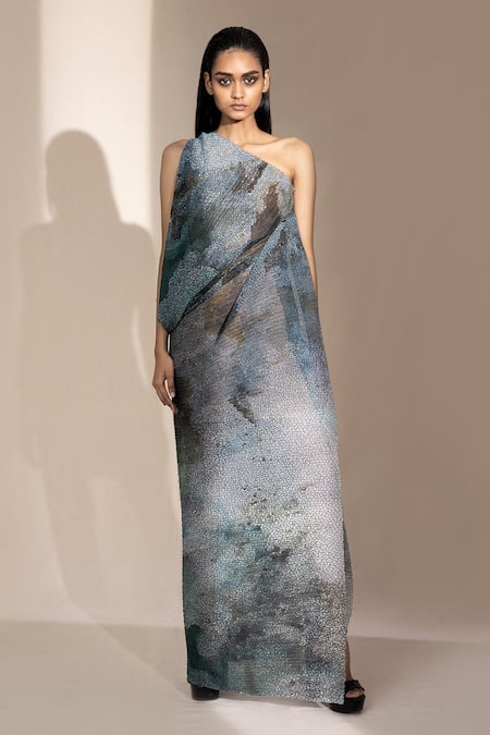 Abhishek Sharma Printed One Shoulder Gown 