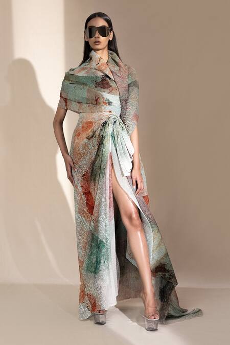 Shop_Abhishek Sharma_Red Printed Draped Top _Online_at_Aza_Fashions