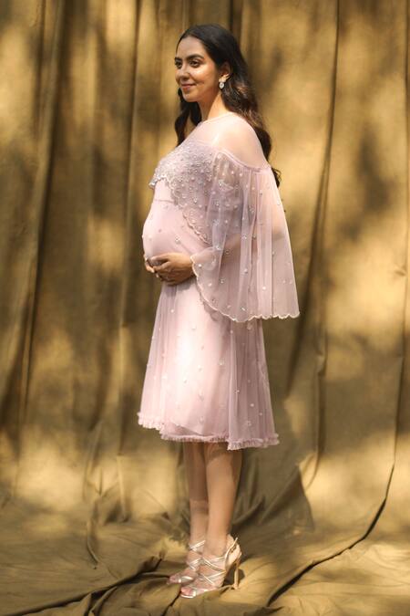 Bump Loving Purple Net, Satin Cutdana , Stone Straight Across Shoulder Drape Dress Online at Aza Fashions Bump Loving_Purple Net, Satin Cutdana , Stone Straight Across Shoulder Drape Dress_Online_at_Aza_Fashions