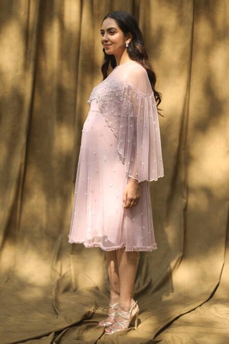 Shop Bump Loving Purple Net, Satin Cutdana , Stone Straight Across Shoulder Drape Dress Online at Aza Fashions Shop_Bump Loving_Purple Net, Satin Cutdana , Stone Straight Across Shoulder Drape Dress_Online_at_Aza_Fashions