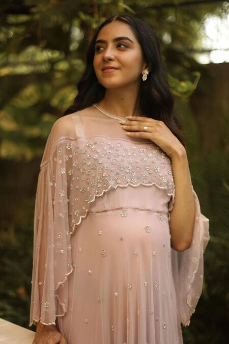 Bump Loving Purple Net, Satin Cutdana , Stone Straight Across Shoulder Drape Dress at Aza Fashions Bump Loving_Purple Net, Satin Cutdana , Stone Straight Across Shoulder Drape Dress_at_Aza_Fashions