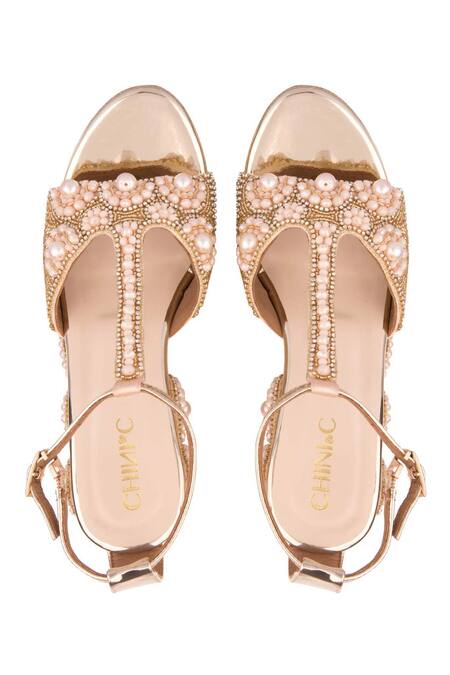 Buy_Chini C_Gold Embroidered Peep Toe Wedges_Online_at_Aza_Fashions