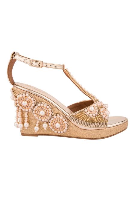 Chini C_Gold Embroidered Peep Toe Wedges_Online_at_Aza_Fashions