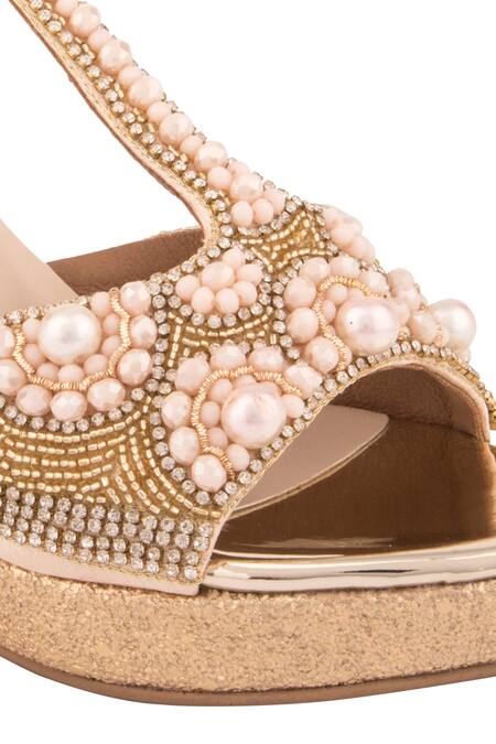 Chini C_Gold Embroidered Peep Toe Wedges_at_Aza_Fashions
