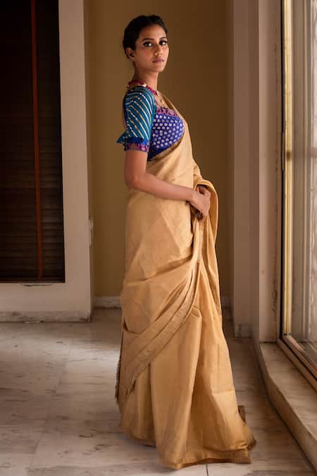 Priyanka Raajiv_Gold Silk Tissue Chanderi Hemali Saree _Online_at_Aza_Fashions