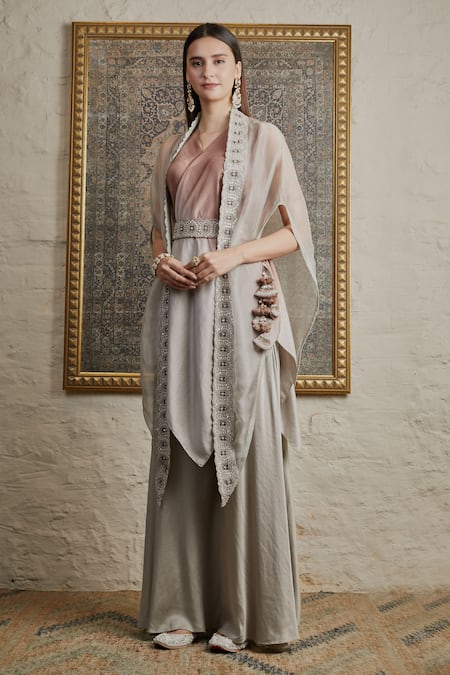 Prisho Beige Silk Embroidered Sequin V Neck Asymmetric Cape And Sharara Set  