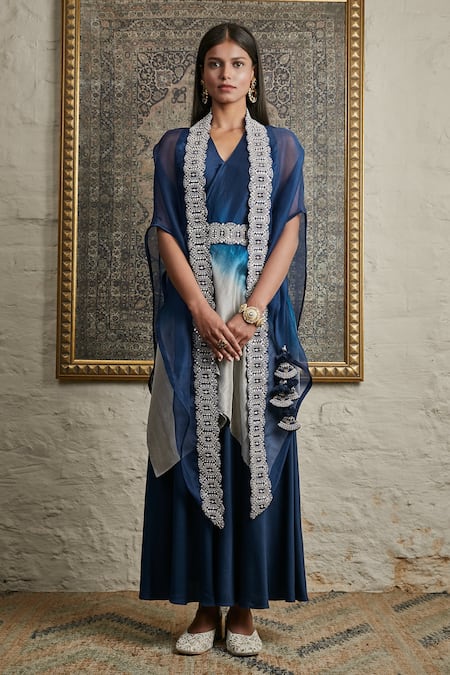 Prisho Blue Silk Embroidered Sequin V Neck Sheer Cape And Sharara Set  